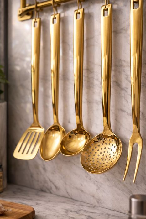 Set ustensile bucatarie inox auriu 6 piese, set ustensile gatit, inox alimentar, design elegant