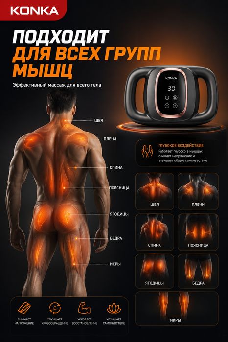 KONKA перкуссионный массажер, 6 головок, 30 скоростей, 2000 Mh/A