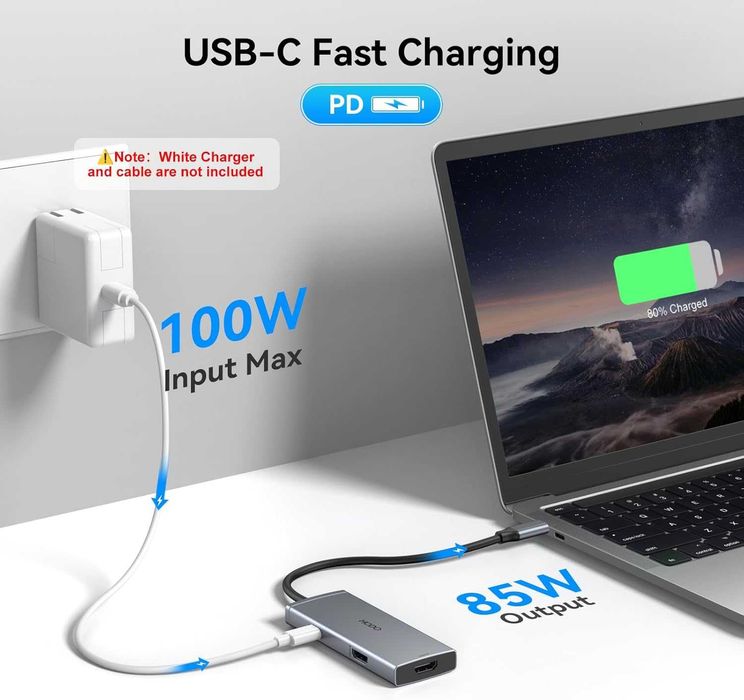 USB C към 2 HDMI адаптер за два монитора, 6 IN 1 докинг станция