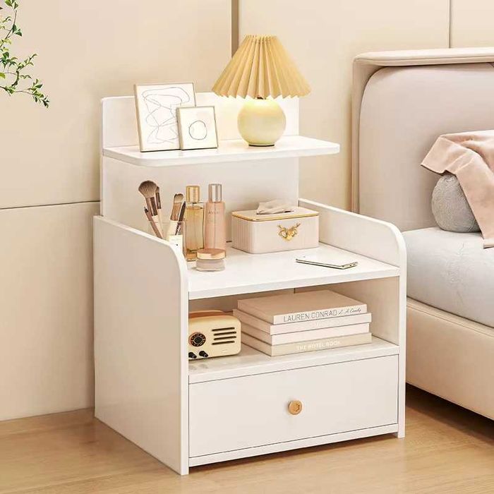 Noptiera moderna cu sertar si 3 polite, 33x26x60cm, alba