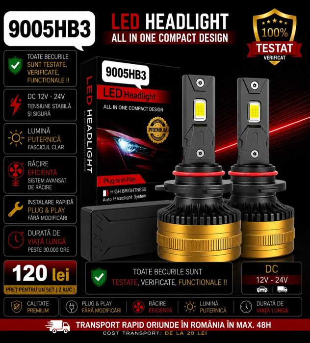 Becuri LED HB3 9005 Canbus 12V-24V 60000LM set 2buc