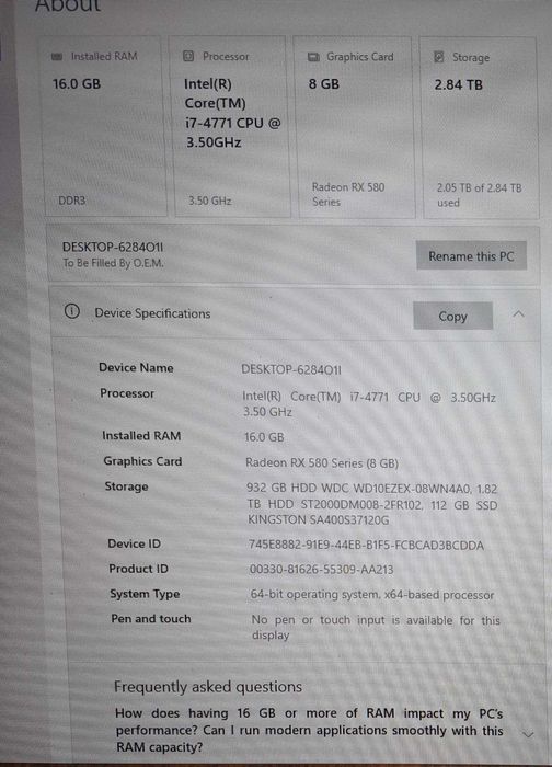 PC Gaming i7-4771, RX 580 8GB, 16GB RAM, SSD+HDD 2TB