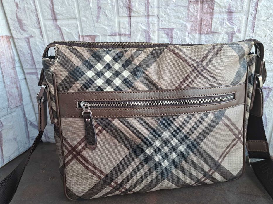 мъжка чанта Burberry,кафява карирана чанта-естествена кожа