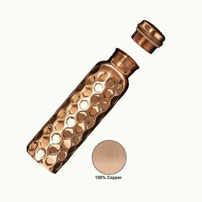 Нова медна бутилка, 100% чист мед, Голям капацитет от 950ml, Diamond pattern релефен дизайн, Медна капачка с херметично затваряне, Внос от Индия