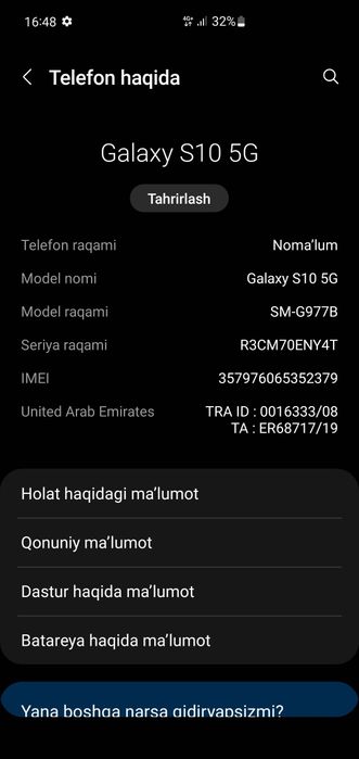 Samsung Galaxy S10 5G xolati edial 2mln 200 bulishi