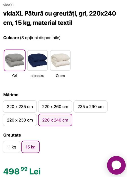 vidaXL Patura cu greutati, gri, 220x240 cm, 15 kg, material textil