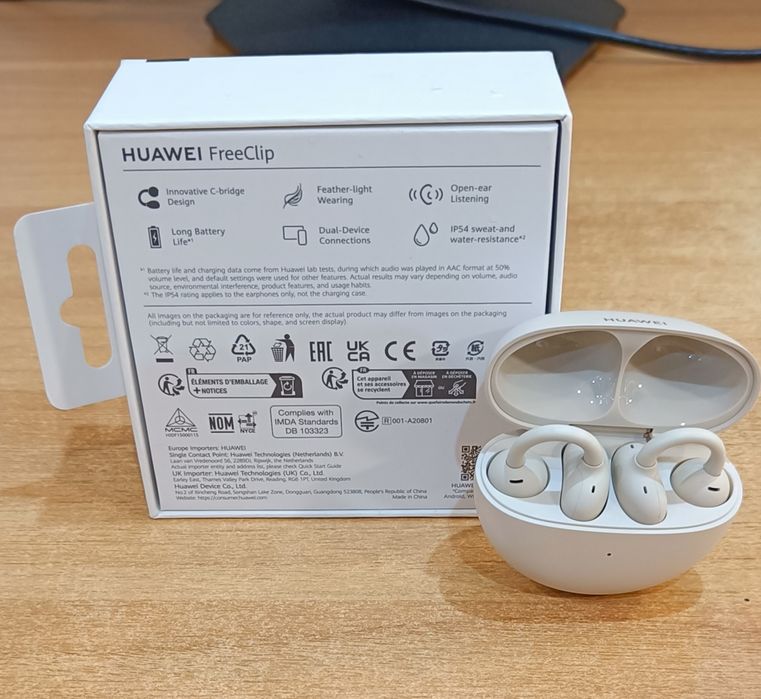 Безжични слушалки Huawei FreeClip (Sandy Beige) – Пълен комплект с кутия