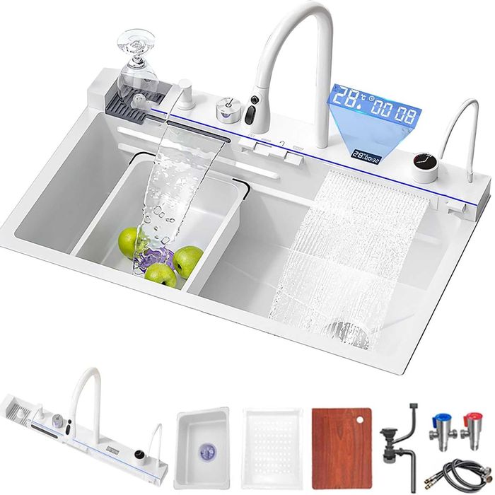 Модерна бяла мултифункционална кухненска мивка с двоен водопад W12WW