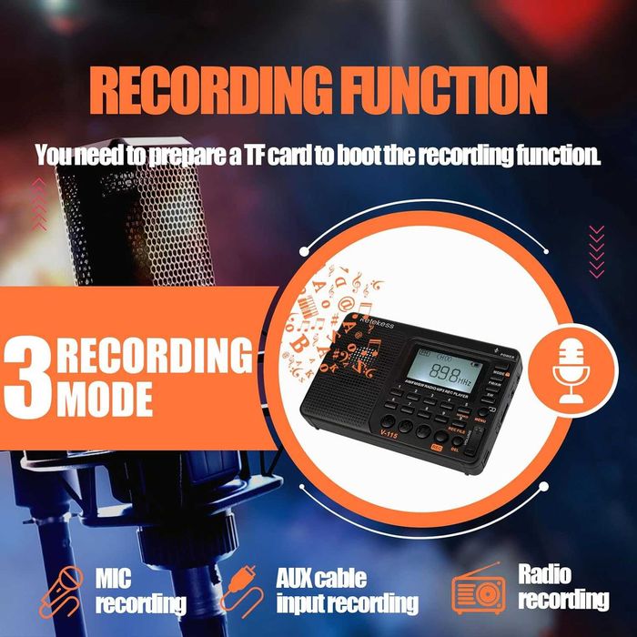 RETEKESS V115 FM,AM,SW радиоприемник,REC,TF Card MP3 Player
