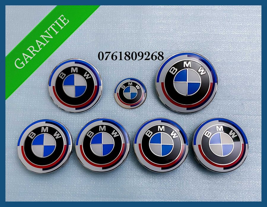 Set complet 7 embleme si capace aluminiu logo model aniversar BMW pentru capota / portbagaj / volan / jante