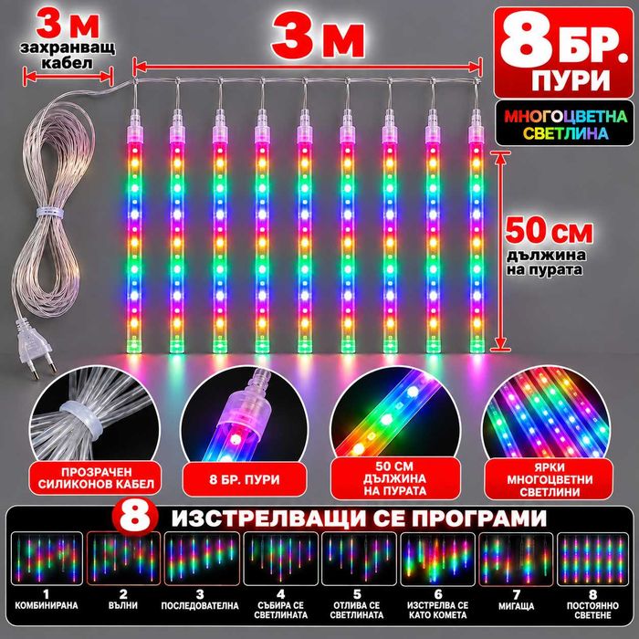 НОВО падащ сняг коледни LED лампички 3м х 50см 8бр. с 8 изстрелващи се програми