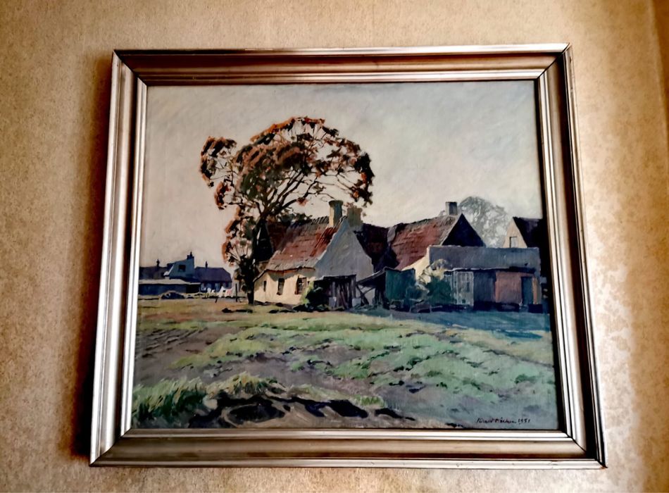 Картина платно рамка паспарту пейзаж селска къща авторска подписана