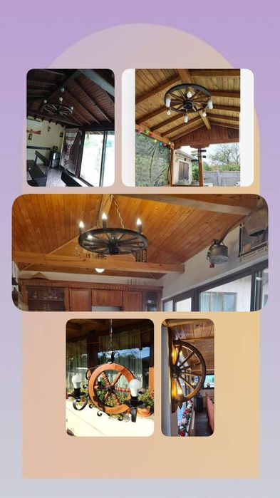 Осветление, декорация, лампи от колела от каруца и бъчви