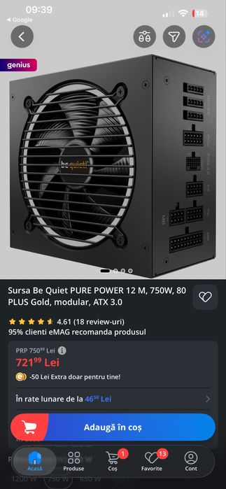 Sursa Modulara Pc Be Quiet Pure Power 12M 750w 80 Plus Gold