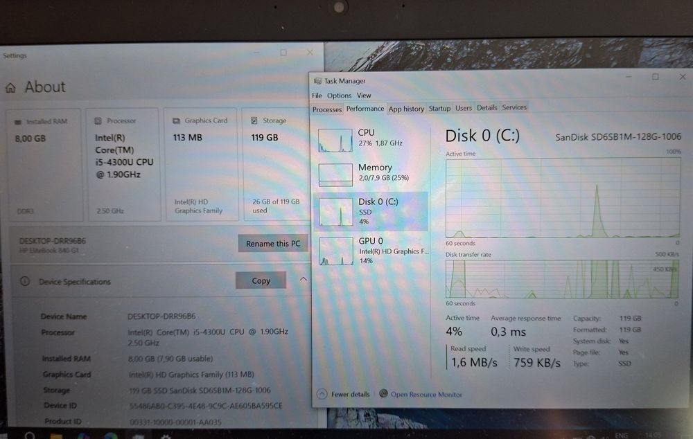 14' FullHD HP Elitebook 840 Core i5-4300U/128GB SSD/8GB/Бат.5ч./4G SIM
