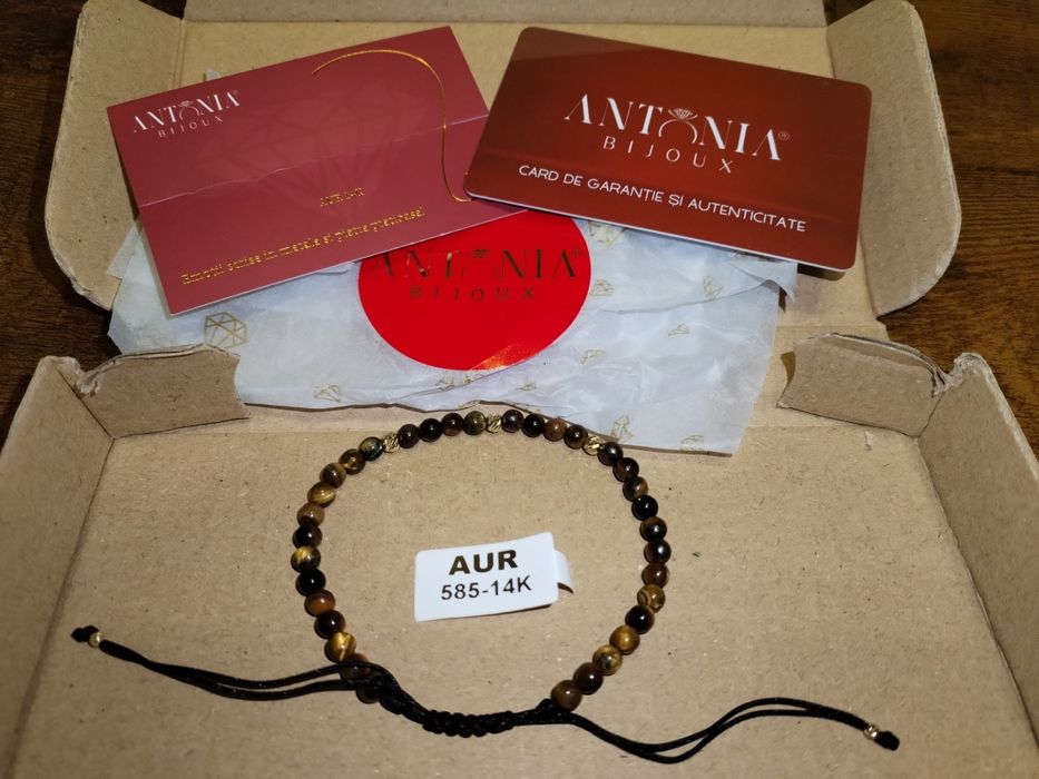 Brățară cu pietre semipretioase ochi de tigru cu bile aur 14 K