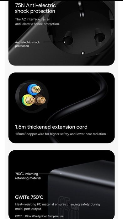 Baseus 65w Gan3 Pro Зарядное устройство для телефона Сетевой фильтр