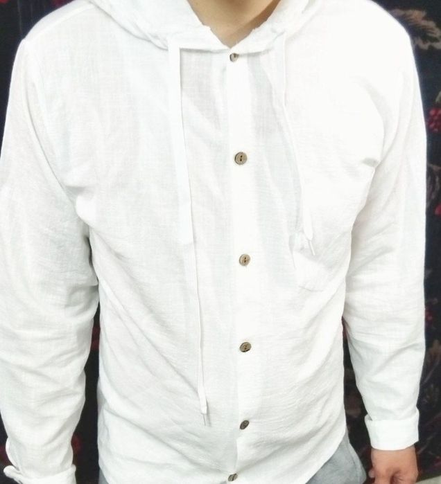 Мужская рубашка с капюшоном лен – длинный рукав, летняя