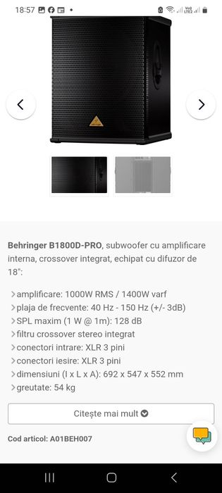 Subwoofer activ behringer b1800D pro