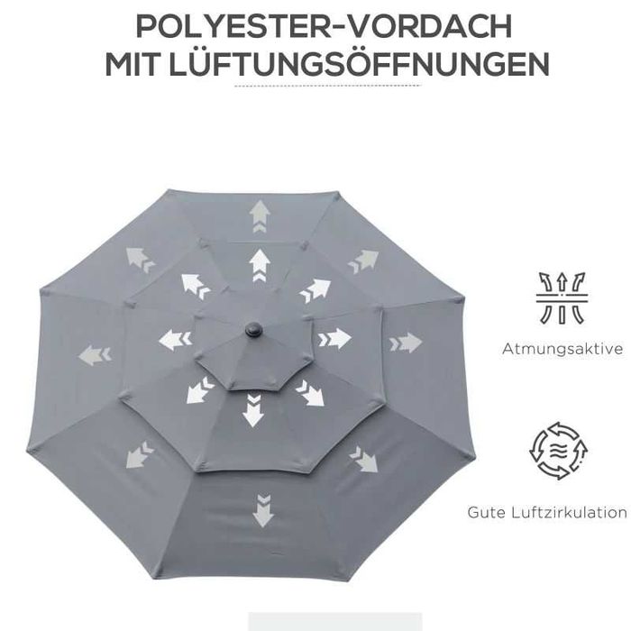 Outsunny 2,6 м чадър с 3 нива на покрива с манивела, с 8 ребра