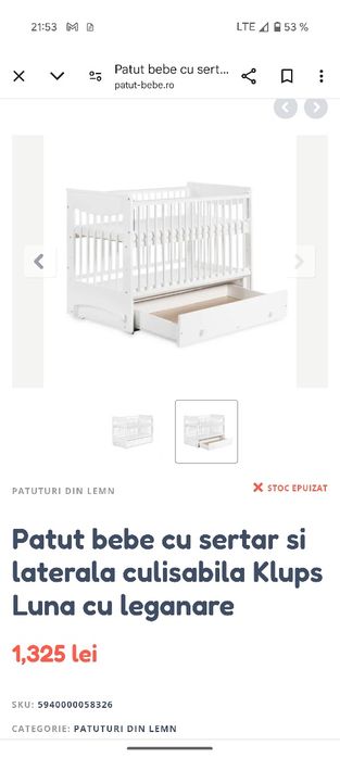 Pătuț bebe Klups Luna alb lemn cu sistem de legănare