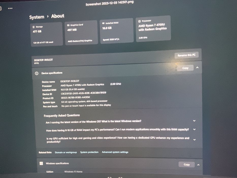 Laptop Lenovo ideea pad 16GB RAM 500GB ssd