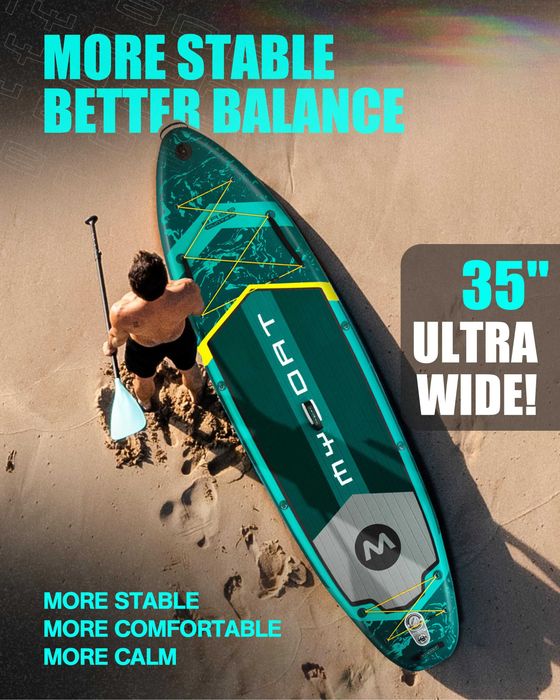 Нов, висок клас, широк 350 СМ надуваем падъл борд all-round SUP MYBOAT MY15 (Bass Hunter Green STD) в тюркоазено-зелен дизайн.