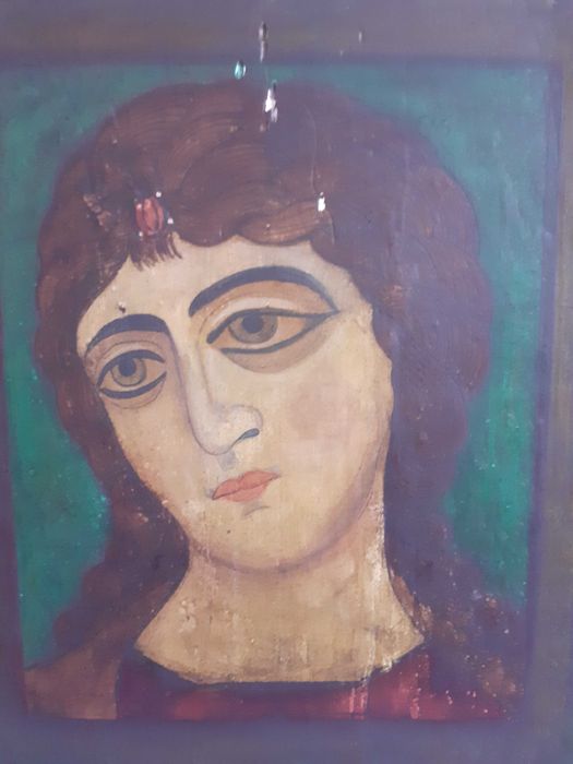 icoana veche pictura pe lemn Arhanghelul Gavriil si Fecioara Maria