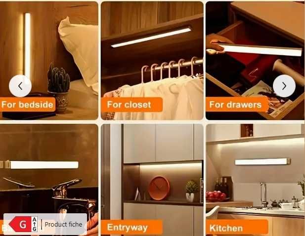 50 см LED лампа, сензор движение, топла бяла светлина,USB, без дупчене