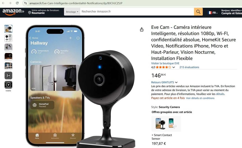 Eve Cam - Cameră inteligentă de interior, rezoluție 1080p, Wi-FI