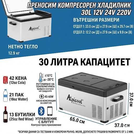 Преносими компресорни хладилници Alpicool C20 / C30 / C40 12V 24V 220V Bluetooth