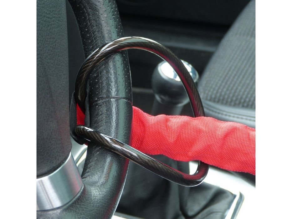 Antifurt auto pentru volan cu prindere in centura de siguranta, cablu din otel calit 70 cm, 2 chei, rosu/negru