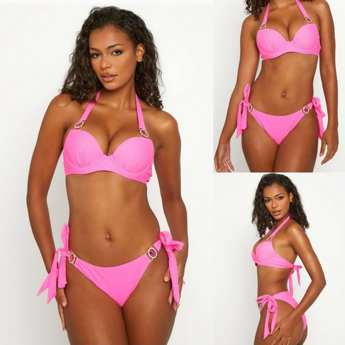 Costum baie moda minx vivien vance roz negru auriu talie inalta brazil