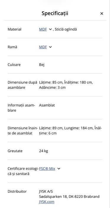 Oglinda Jysk AGGERSUND bej-casmir 85x180 cm