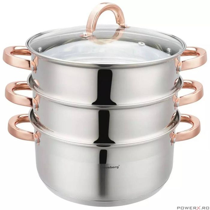 Oala fiert la abur, 4 elemente, cu manere roze gold, 24cm, 5.0L,