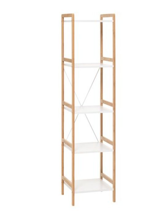 Красива висока етажерка в бяло и естествено дървесно