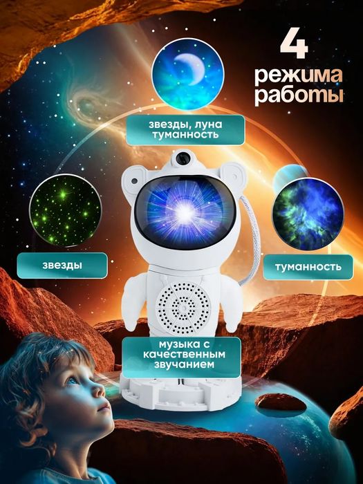 Ночник проектор космонавт с колонкой проектор звездное небо