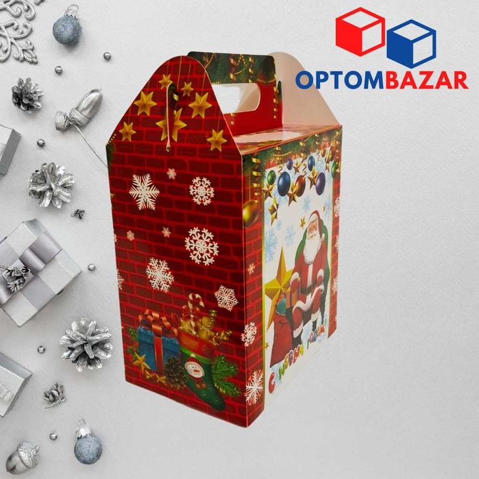 Qorbobo va bolalar, bayramona bezaklar tasvirlangan sovg'a qutisi.