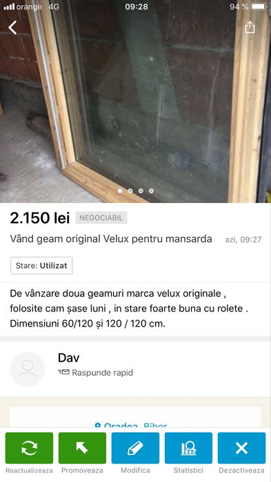 Vand geam velux pentru mansarda cu ruleta