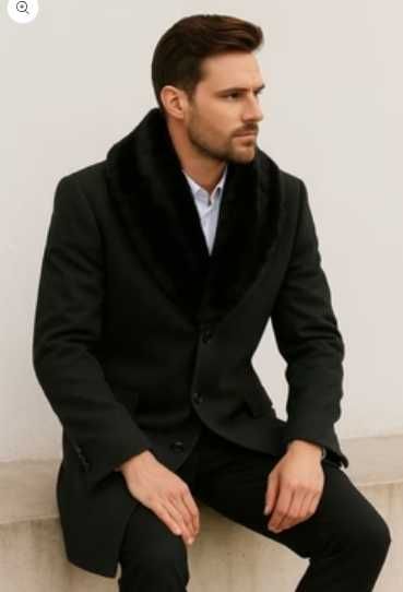 Palton slim 46 S de lux The Kooples lana moale guler rever iepure navy