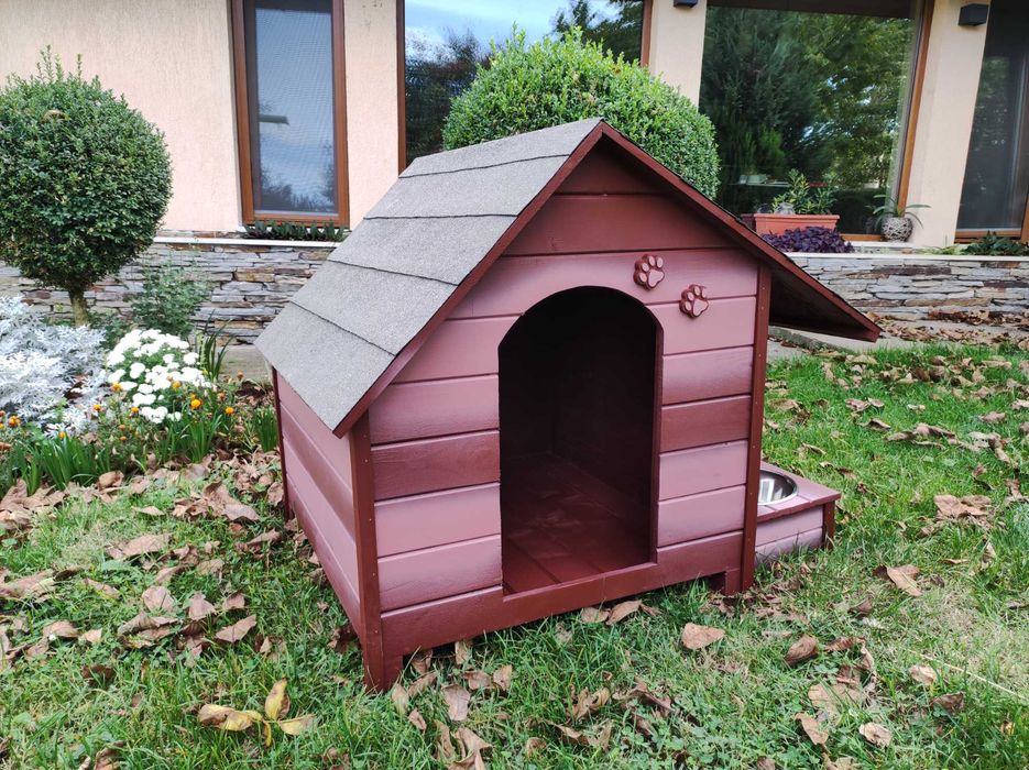 Къща за куче със стряха + купи;Колиба за кучета;Къщи за кученца-Кафява