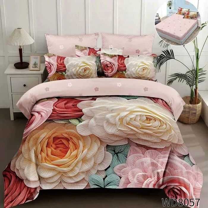 Флорален комплект с ластик, 100% памук 1 бр. х плик за завивка 200 x 230 cm 1 бр. х долен чаршаф с ластик 180 х 200 cm + 25 cm 2 бр.  калъфки 55 x 80