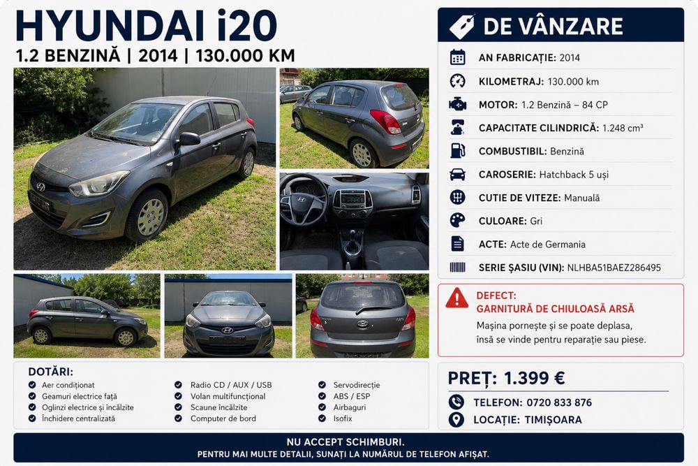 HYUNDAI i20 1.2 BENZINĂ – 2014 – 130.000 KM