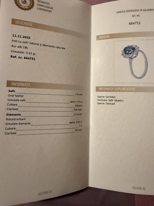 Inel aur alb 18 k cu safir natural 0,73 kt si diamante 0,5, certificat