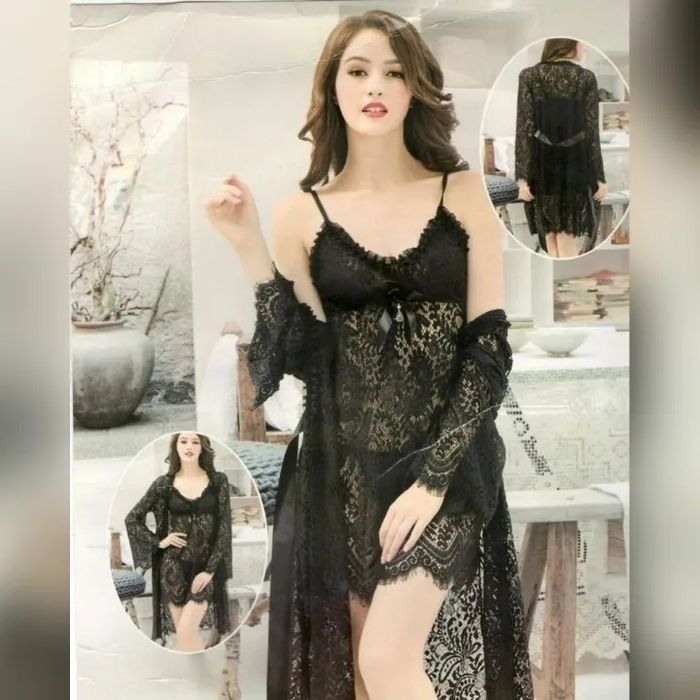 Секси дантелена дамска нощници с халат, Дамски комплект 3в1