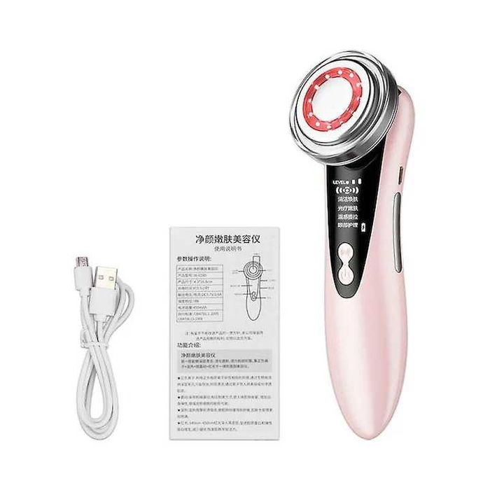 Aparat masaj facial 4 in 1, roz, cu 4 moduri, functie de lumina rosie si albastra, incarcare USB