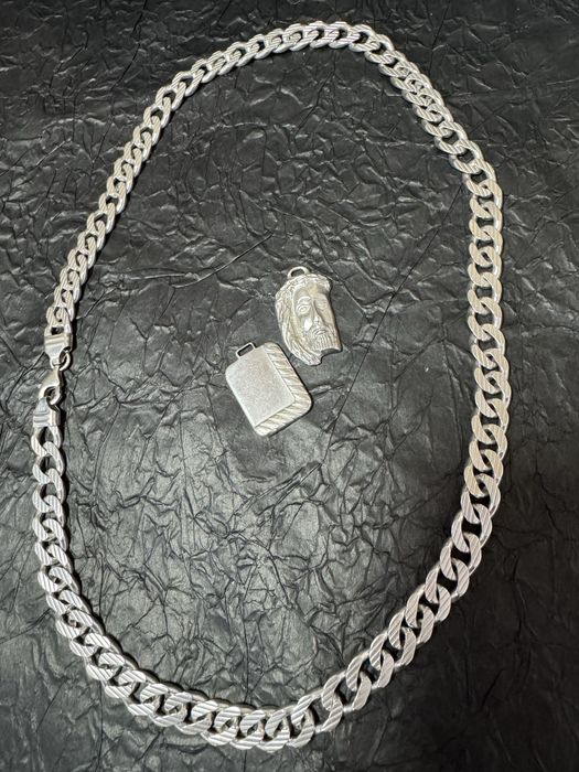 Lanț argint 81g MASIV + pandantive – model cuban