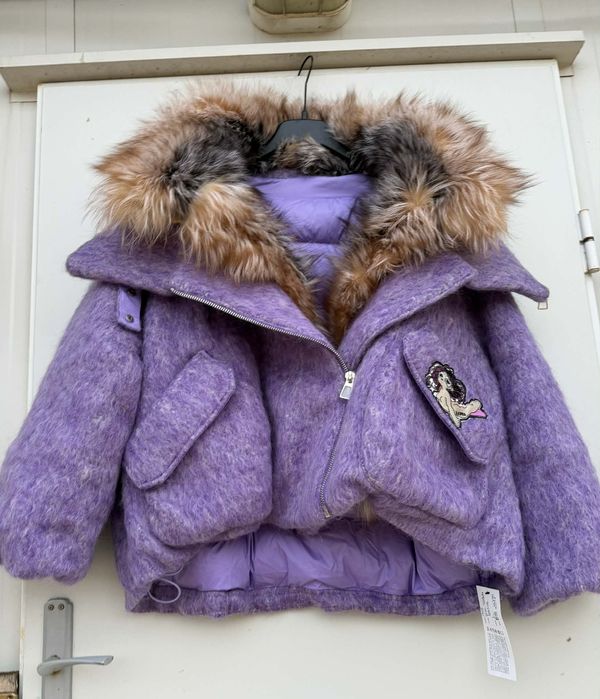 Djofra уникално дамско палто естествена косъм лисица и вълна Л размер