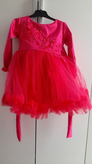 Rochie fucsia fetite 5+,  cu tull și dantela, cordon in talie