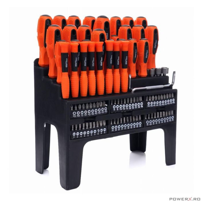 Set surubelnite si biti 100 elemente, cu suport pentru depozitare,